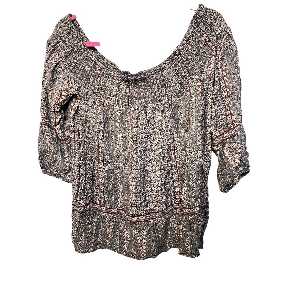 Vanessa Virginia Anthropologie Smocked Off Shoulder Paisley Blouse Black Tan S